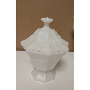Vintage MCM White Milk Glass Octagon Candy Dish with Lid Grapes Leaves Design